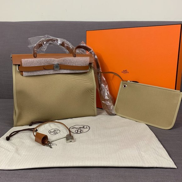 New HERMÈS Herbag Zip 31 bag Trench/Fauve Leather w/Canvas Brown/Khaki - Picture 1 of 8